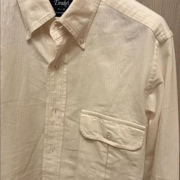 Drakes - Cream Ticking Stripe Cotton Oxford Cloth Button-Down Shirt - Size 15 - Picture 6 of 8
